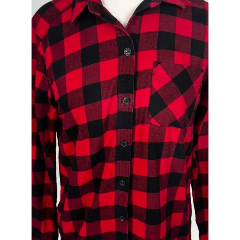 Eddie Bauer Womens Small Red Black Buffalo Plaid Button Front Cotton Shirt - Picture 7 of 10